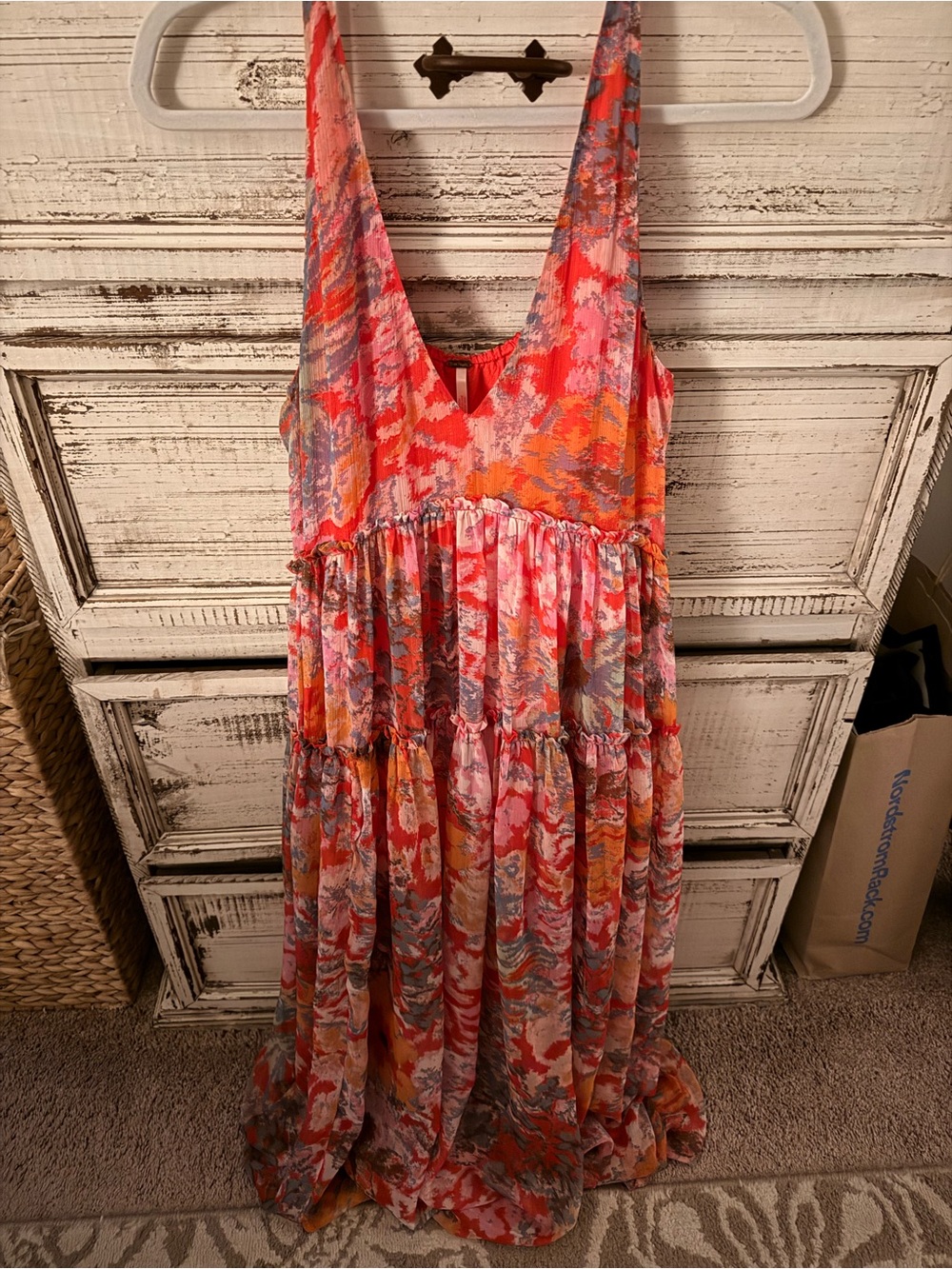 Free People Coral Multi Floral Tiered V-Neck Maxi Dress